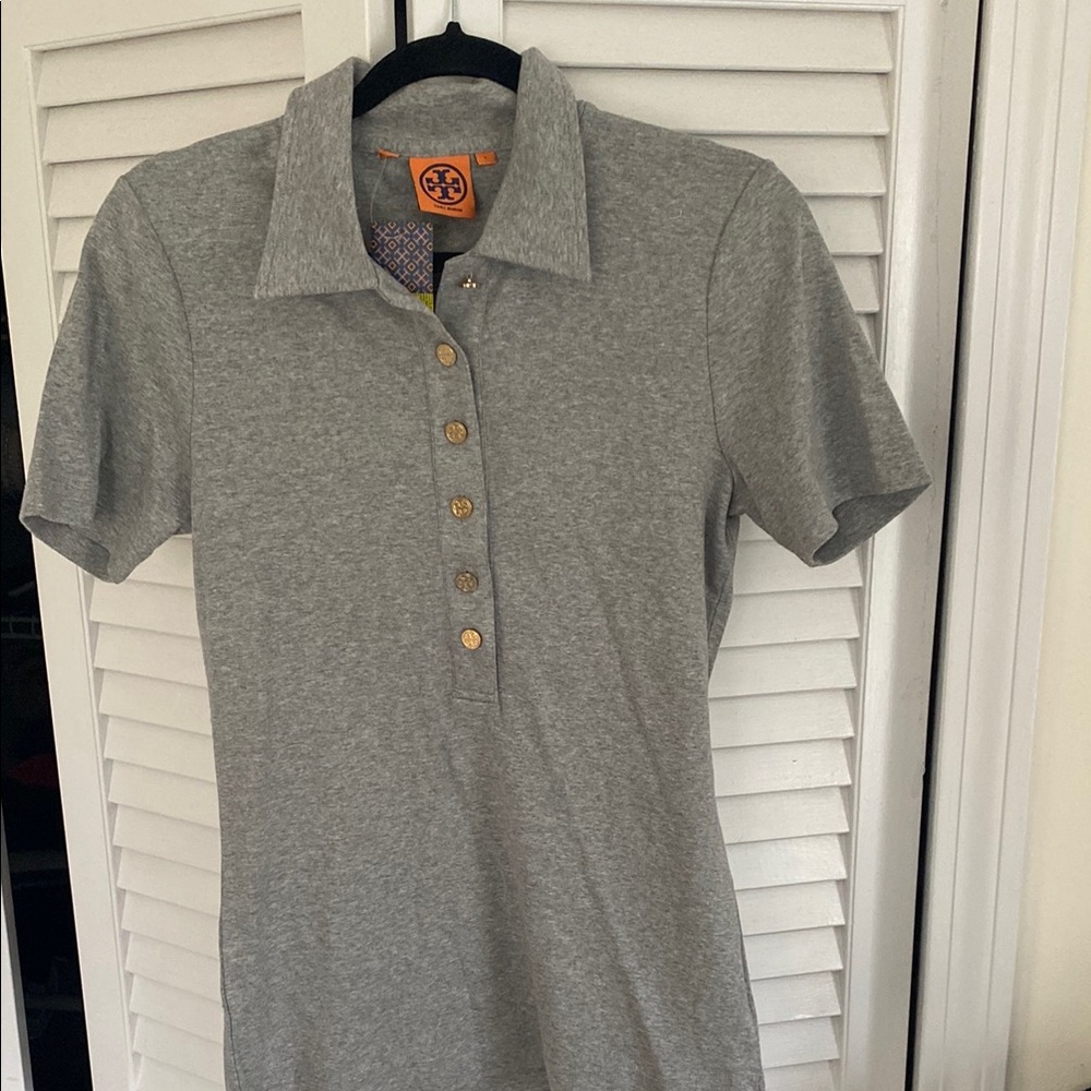 Tory Burch Heather Gray Short-Sleeve Button-Down Polo
